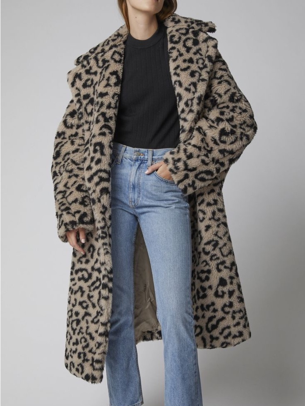 Max Mara Sfilata Leopard Print Faux Fur Long Coat Beige Black Made in Italy